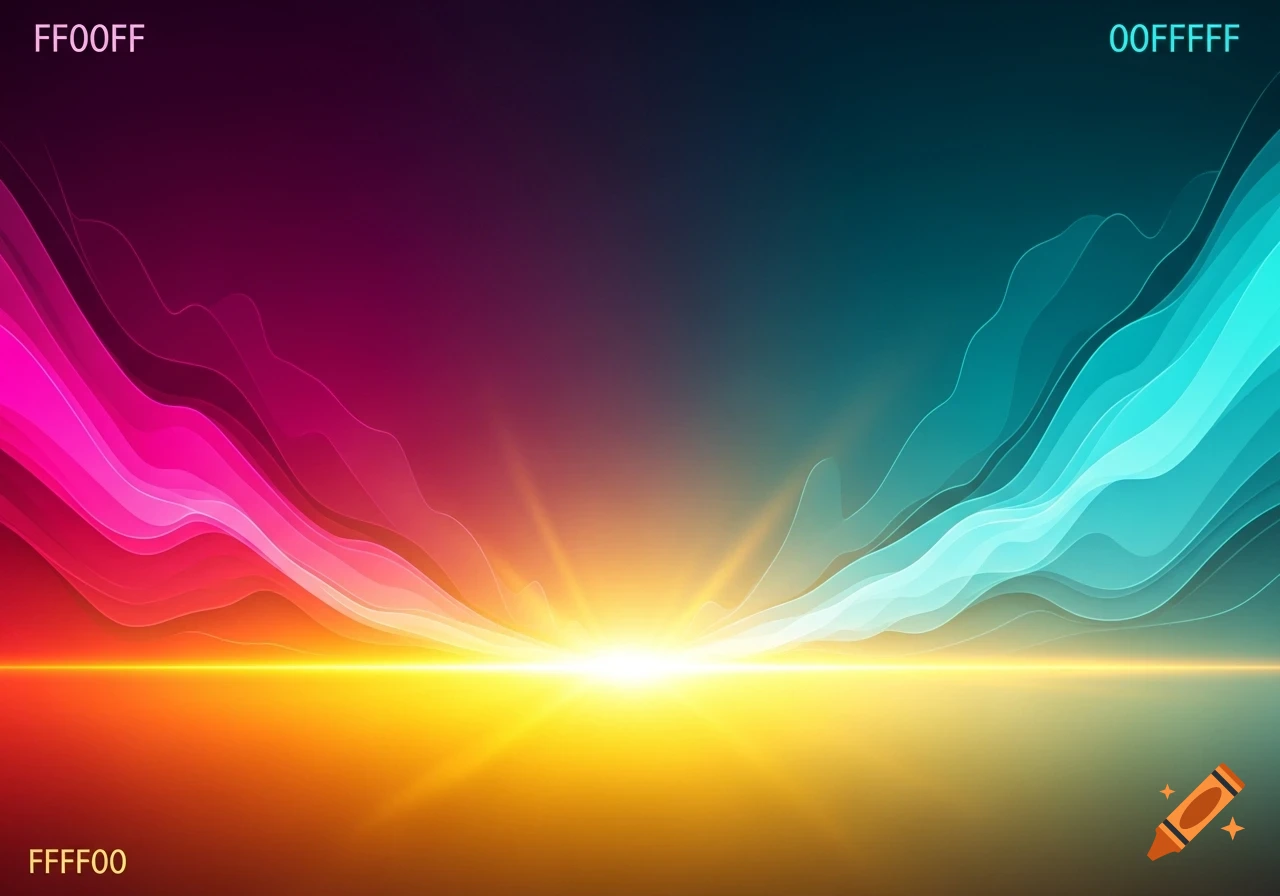 Abstract background with glowing pink and blue wavy lines and a bright central light source on a dark color gradient.