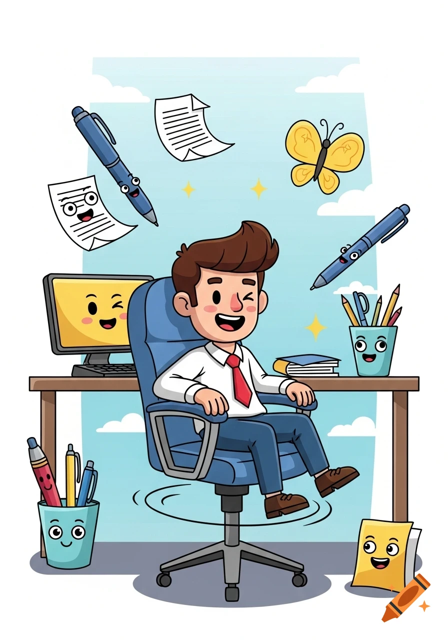 Cartoon illustration of a cheerful man in a blue office chair, winking and smiling, surrounded by floating happy-faced pens, papers, and a butterfly against a blue sky background. A computer, desk, and office supplies are also cartoonishly depicted.