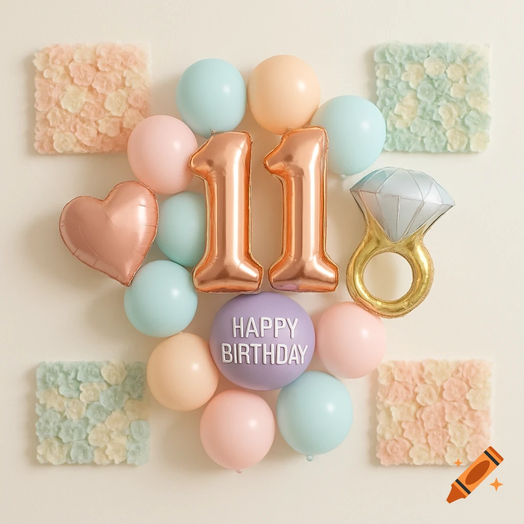 Pastel party decorations with a large foil '11', a heart, a diamond ring balloon, and a 'Happy Birthday' balloon surrounded by flower mats.