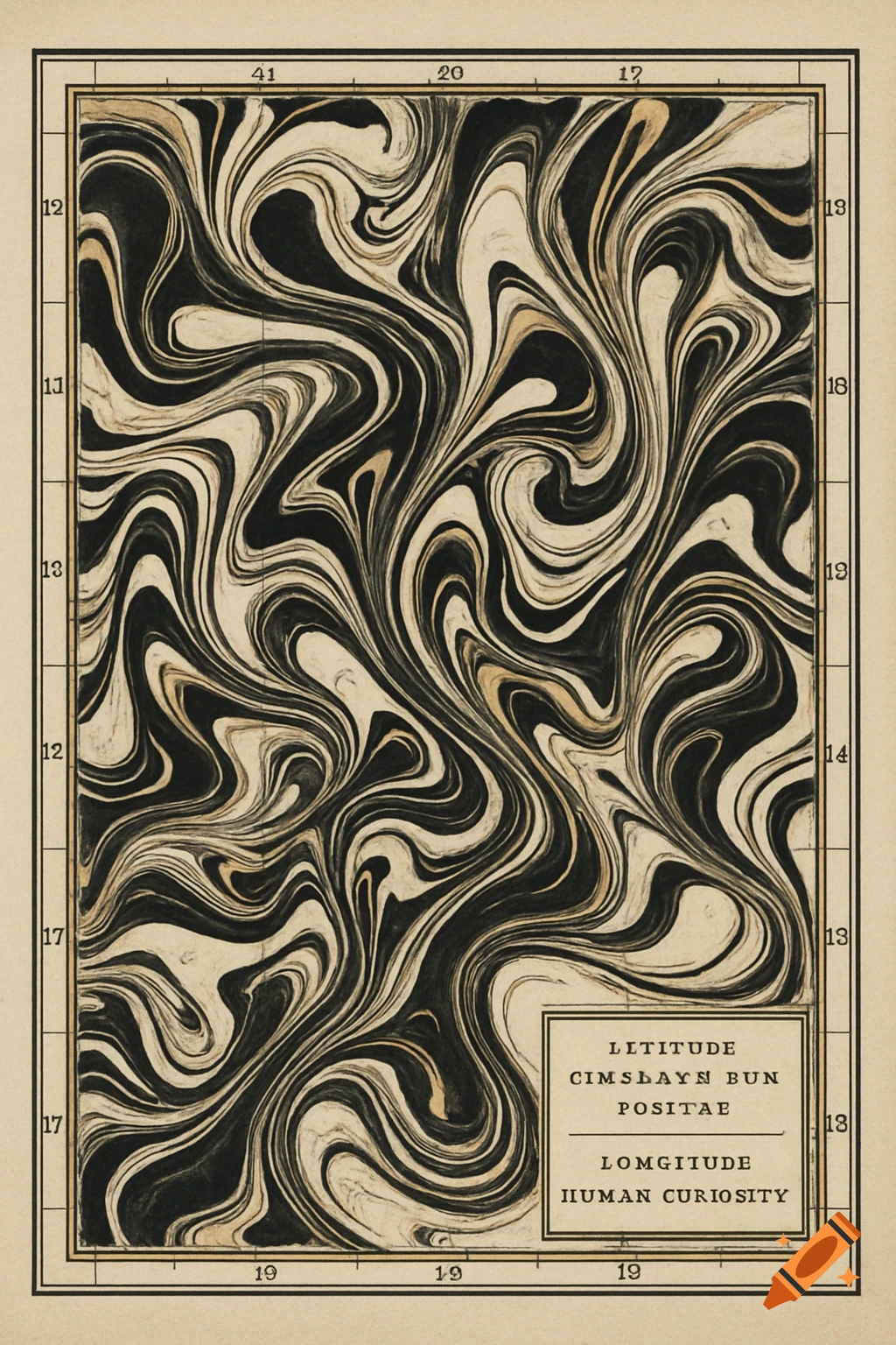 A vintage-style map features a central swirling marbled pattern in black, white, and gold, framed by a grid and a legend box with partially legible text.