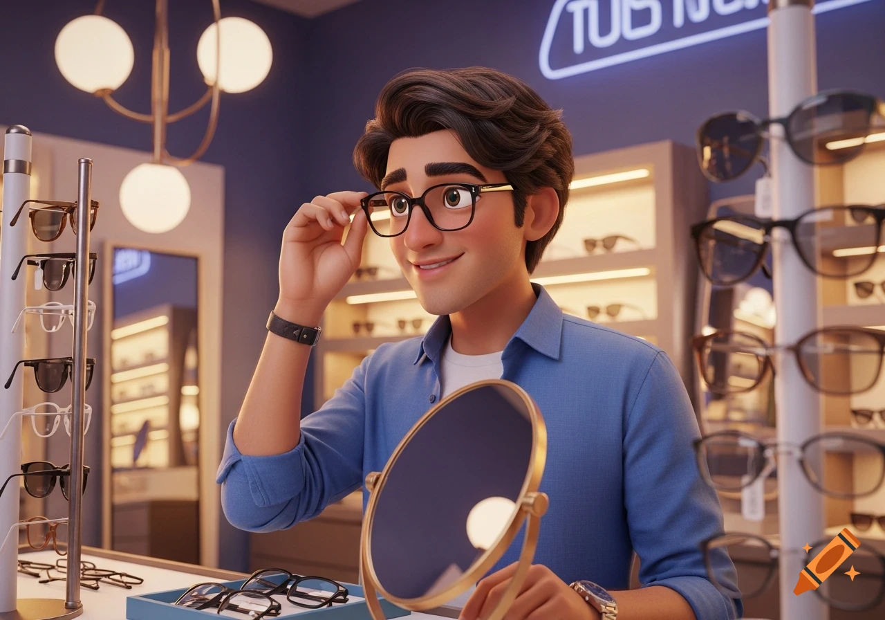 A smiling man with dark hair tries on black-rimmed glasses in an eyewear store, rendered in a Pixar-like 3D animation style.