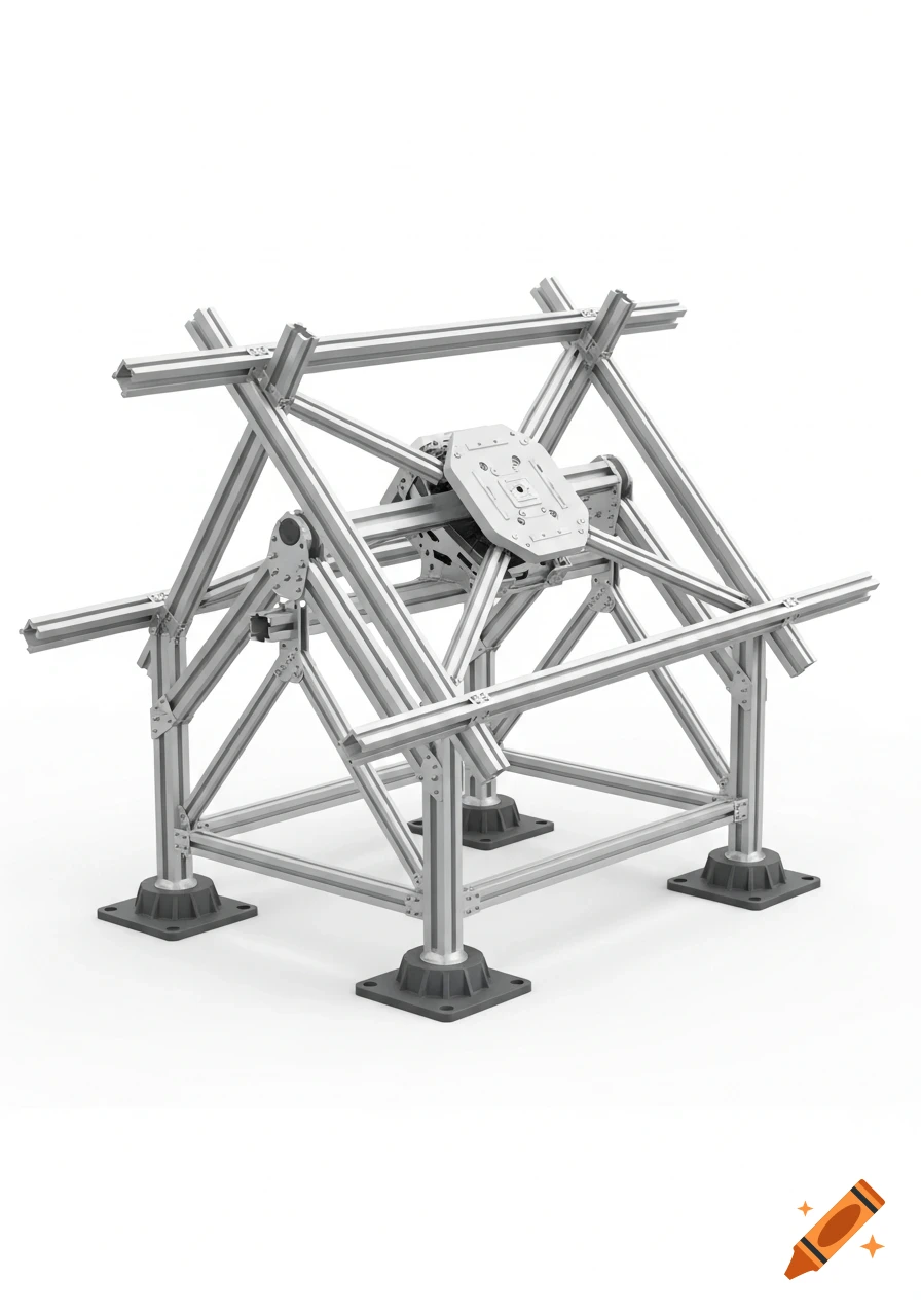 Photorealistic modular solar panel mounting structure with brushed aluminum frame and black plastic footings on a white background.