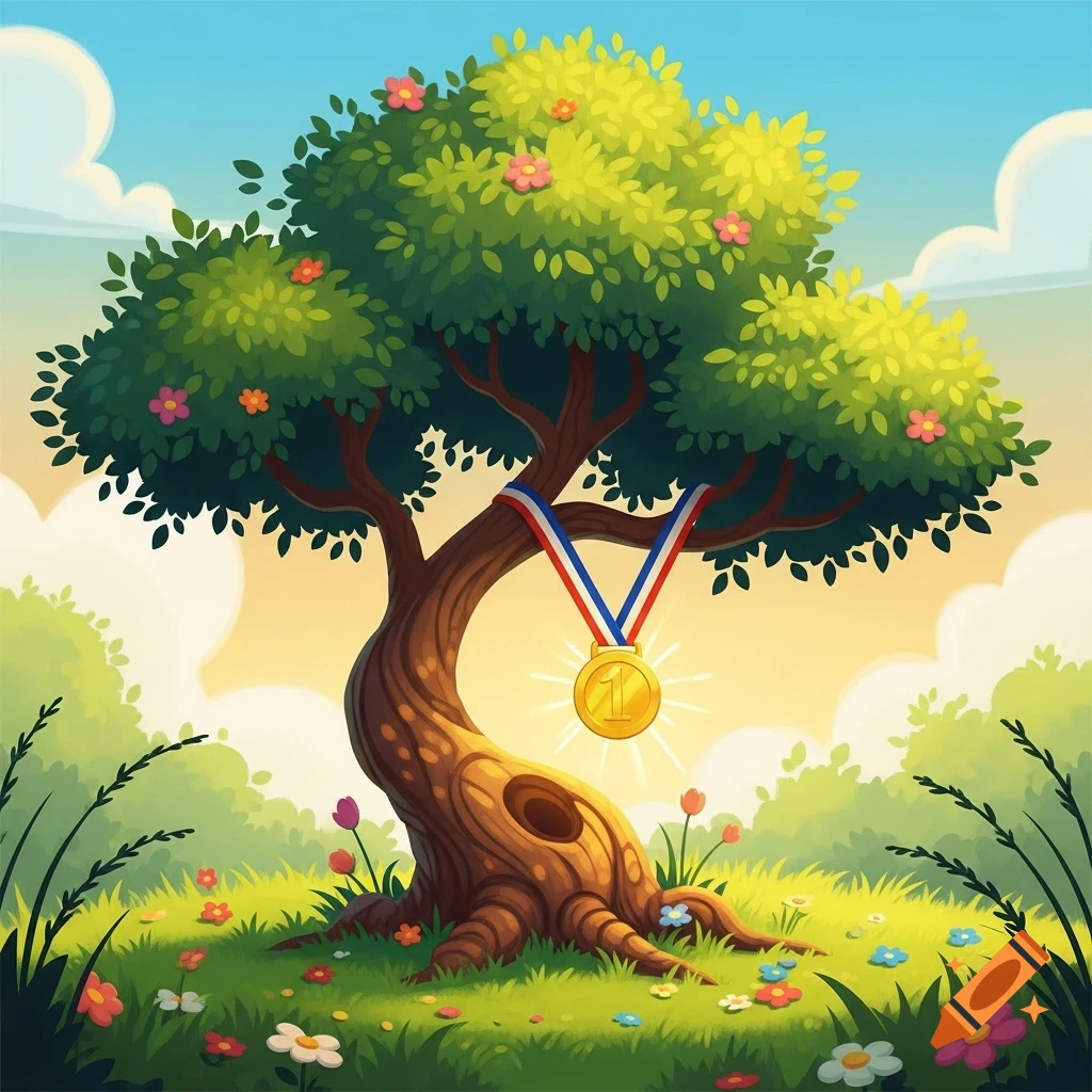 A vibrant cartoon tree with a gnarled trunk and green foliage adorned with pink flowers, displaying a gold medal with the number '1' on a red, white, and blue ribbon. The tree stands in a sunny, grassy field with small colorful flowers under a bright blue sky with fluffy clouds.