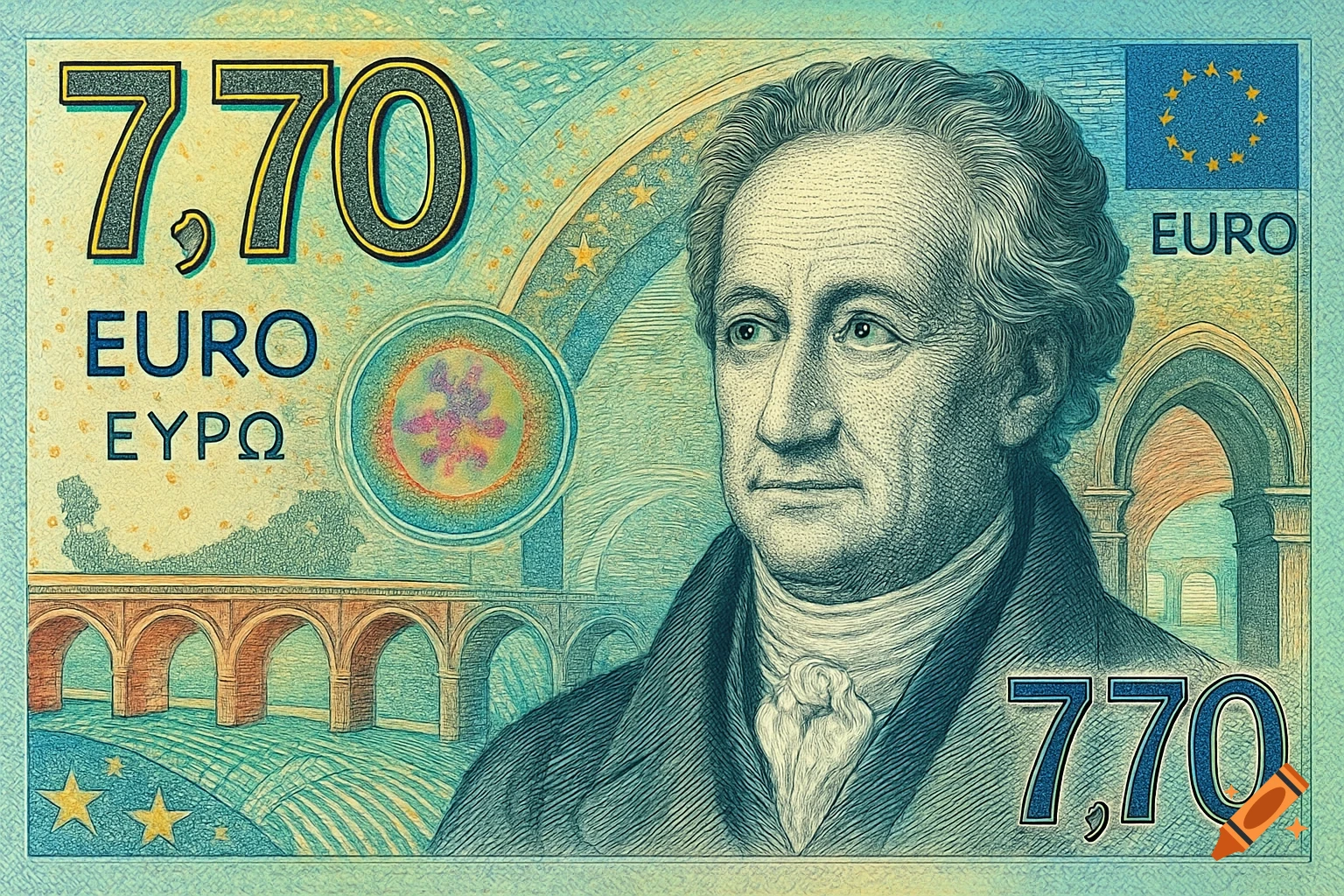 A stylized blue and yellow 7.70 Euro banknote with a portrait of an elderly man, a bridge, and 'EURO' text.