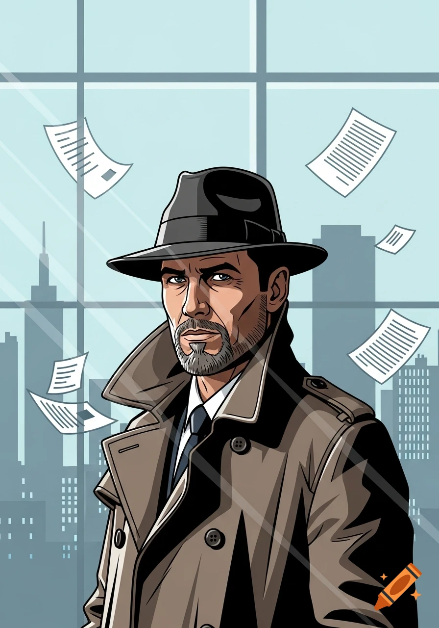 Cartoon portrait of a man in a fedora and trench coat against a city background with flying papers, in Archer TV show style.