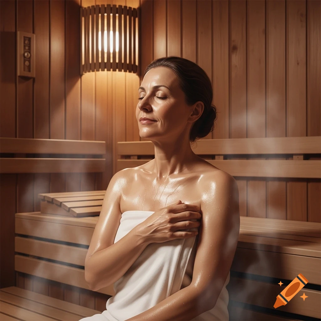 Hyperrealistic image of a middle-aged woman with closed eyes, sweating in a sauna, wrapped in a white towel.