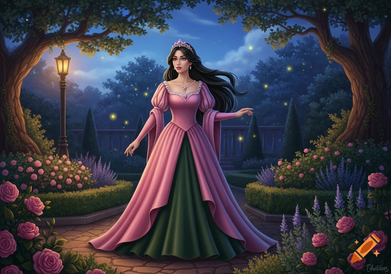 A princess in a pink and green gown stands in a magical moonlit garden with glowing fireflies and blooming roses.