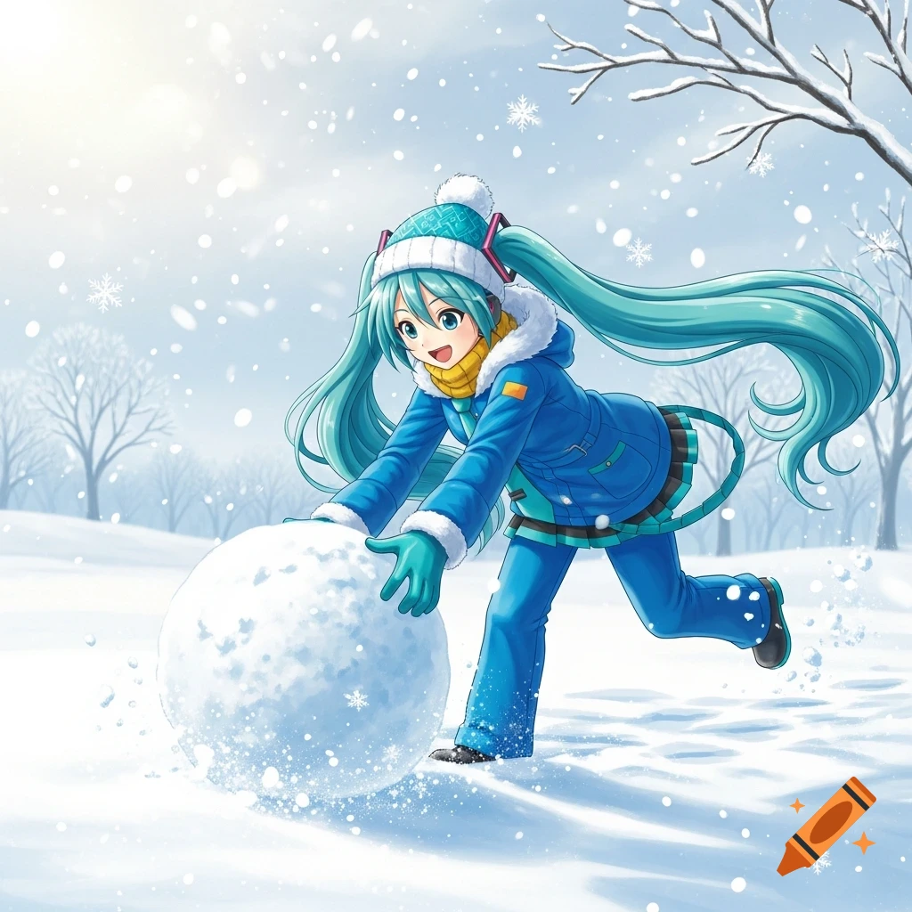 Hatsune Miku, dressed in a blue winter coat, hat, and gloves, rolls a large snowball in a snowy landscape with trees, in an anime style.