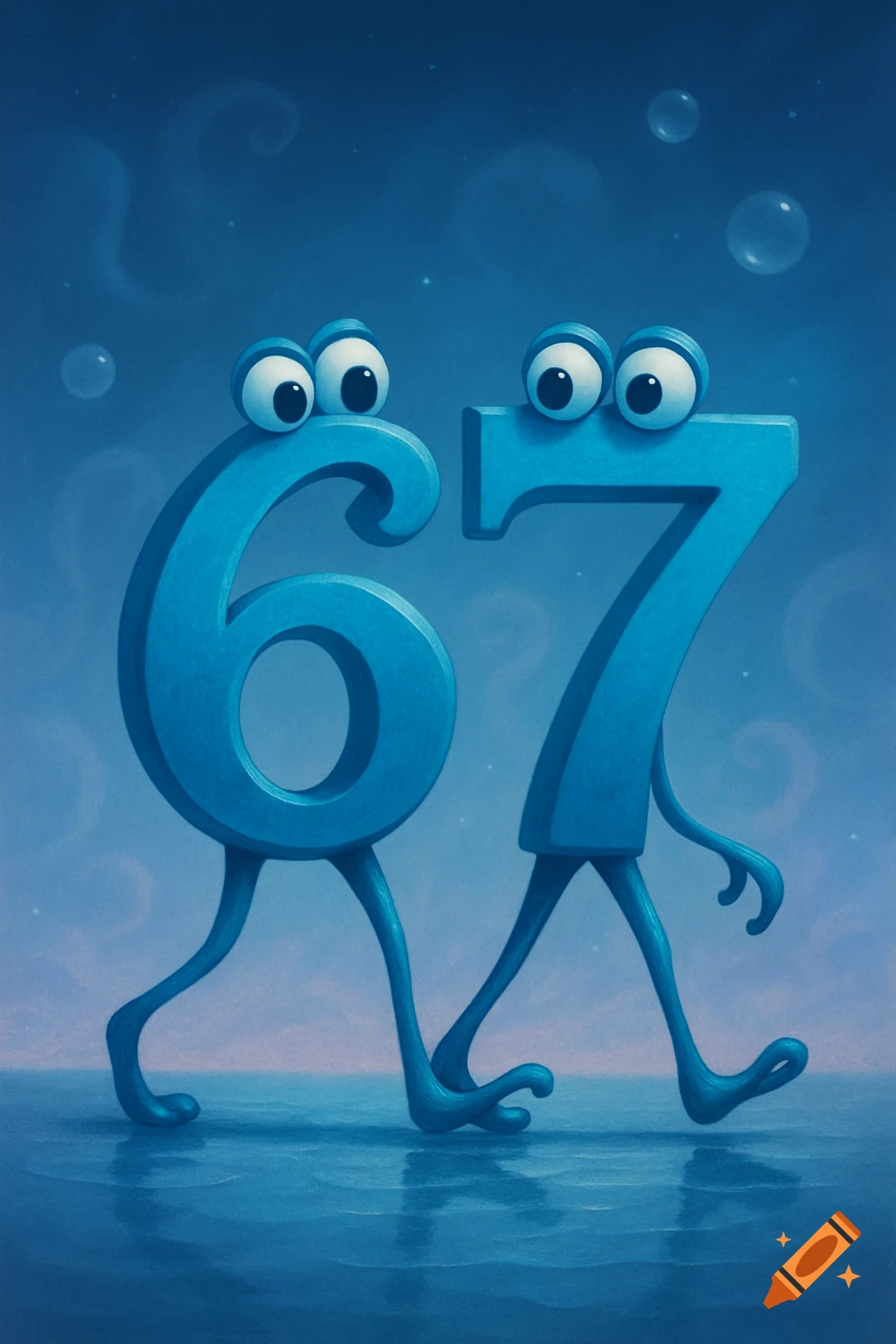 A stylized cartoon image of the blue numbers 6 and 7, each with googly eyes and long legs, walking side by side on a reflective surface against a deep blue, cloudy sky.