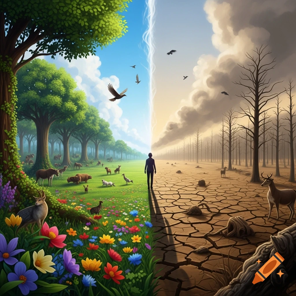 A stark visual representation of climate change, with a lush green forest on one side and a dry, cracked wasteland on the other, divided by a person.