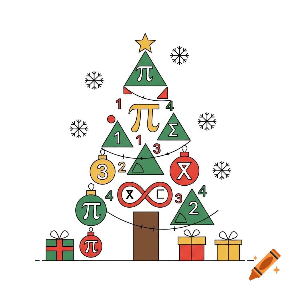 A cartoon Christmas tree decorated with mathematical symbols like Pi, Sigma, numbers, and geometric shapes, with presents at its base.