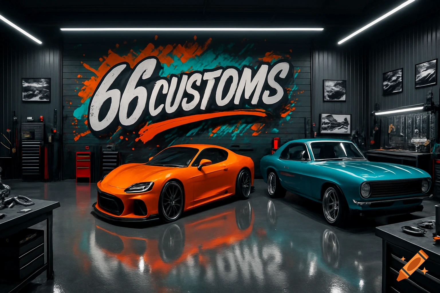 An orange sports car and a teal classic car parked in a custom garage with '66 CUSTOMS' graffiti on the wall, photorealistic.