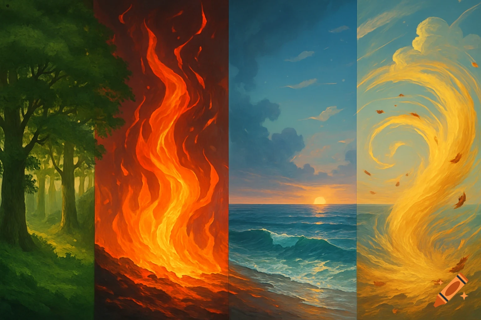 A four-panel illustration depicting elements: a green forest, red flames, a blue ocean at sunset, and swirling yellow air.