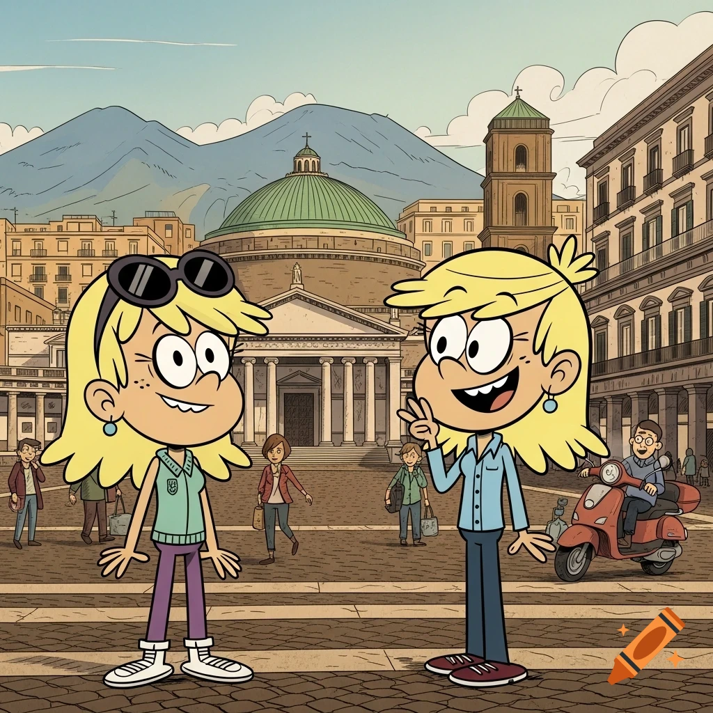 Two cartoon girls resembling Leni Loud stand in a lively European city square with a domed church and a mountain in the background.