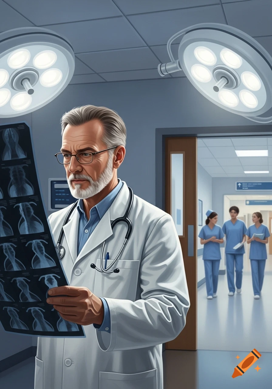 A bearded doctor in a white coat and stethoscope examines X-rays under surgical lights, with nurses in the background.