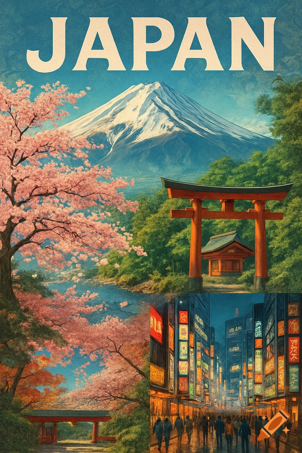 Vintage travel poster for Japan, featuring Mount Fuji, cherry blossoms, a torii gate, and a bustling city street at night. The word JAPAN is at the top.