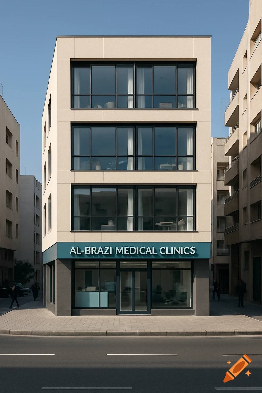 A modern, four-story building with a 'Al-Brazi Medical Clinics' sign on the ground floor, viewed from across a city street.