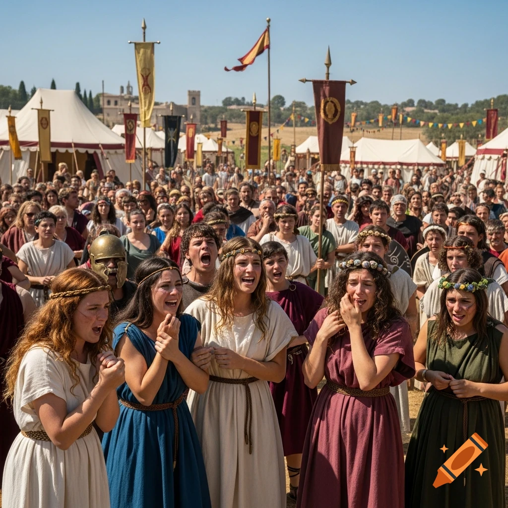 A large crowd of people in ancient Roman-style clothing, with several women in the foreground showing expressions of distress and crying out. Tents and banners are visible in the background under a clear sky.