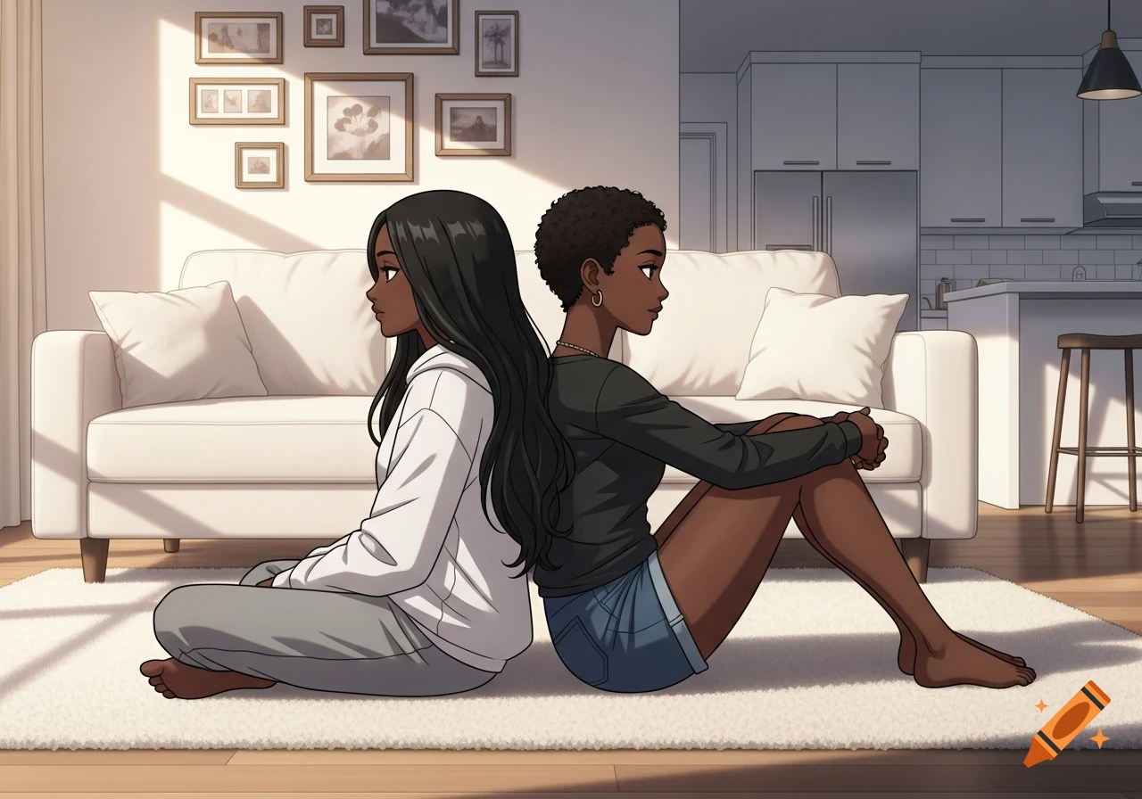 Two anime girls with dark skin sit back-to-back on a rug in a living room, one with long hair and a white hoodie, the other with short curly hair and jean shorts.