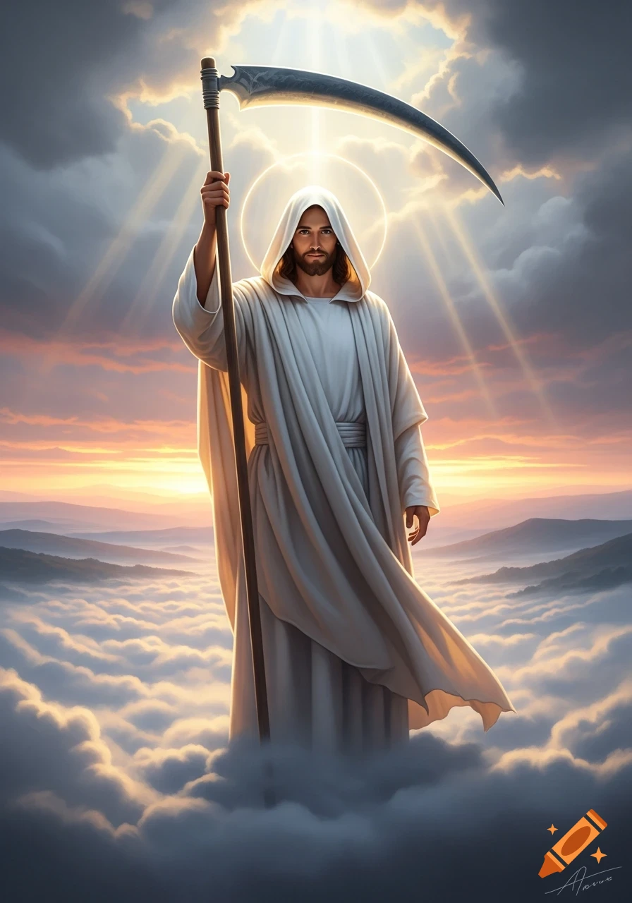 A hooded Jesus in a white robe holds a scythe, standing on clouds with ...
