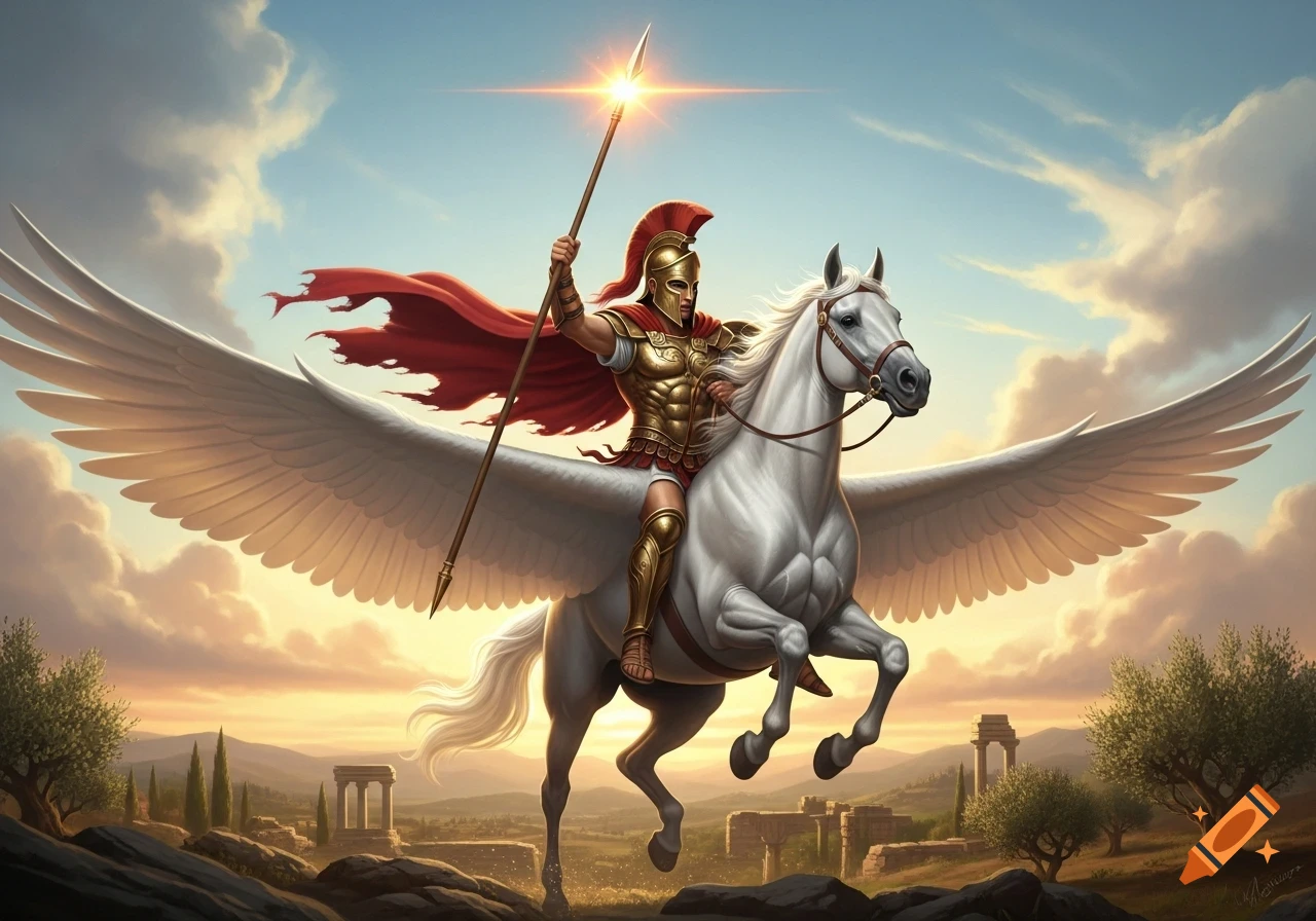 A Greek warrior in golden armor and a red cape rides a majestic white Pegasus over an ancient landscape at sunset.