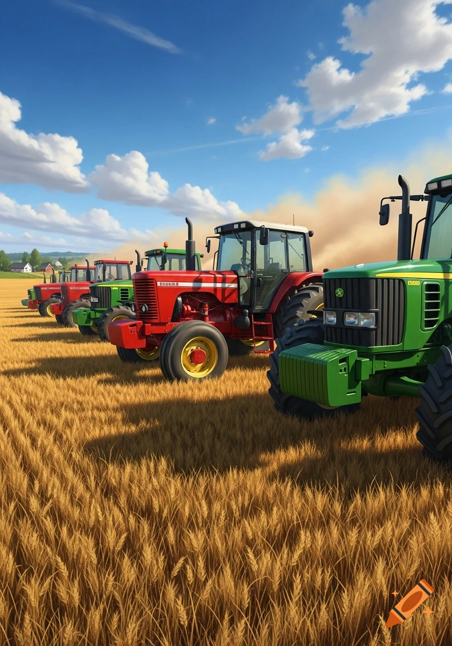 A line of red and green tractors parked in a golden wheat field under a blue sky with fluffy clouds.