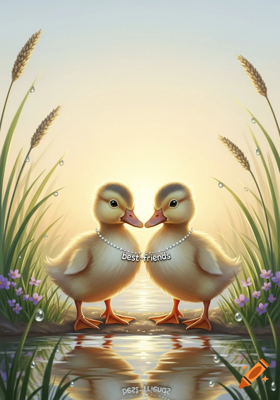 Two cute cartoon ducklings with "best friends" necklaces by a pond, surrounded by grass and dew drops at sunrise.