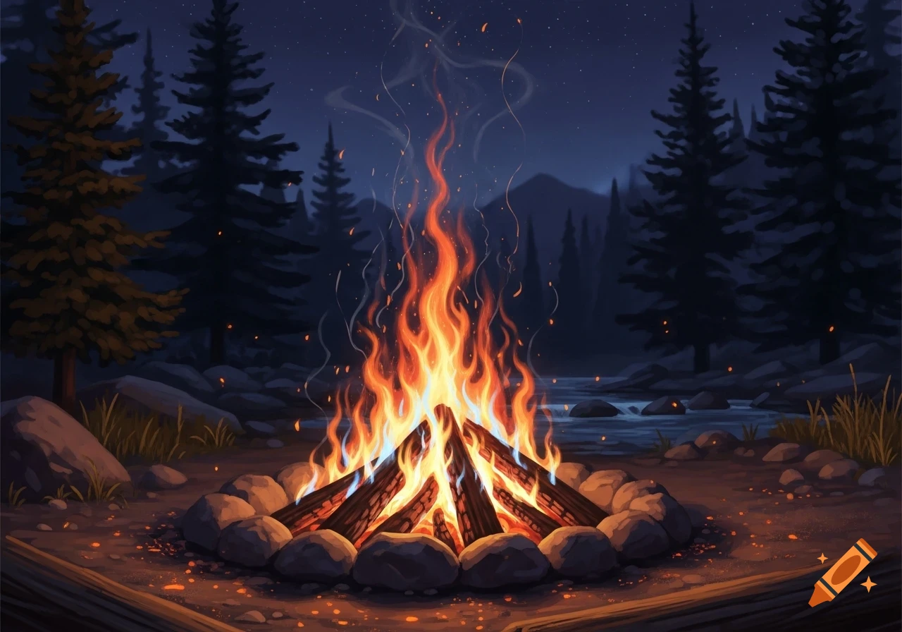 A stylized illustration of a vibrant campfire burning brightly by a river in a dark forest under a starry night sky.