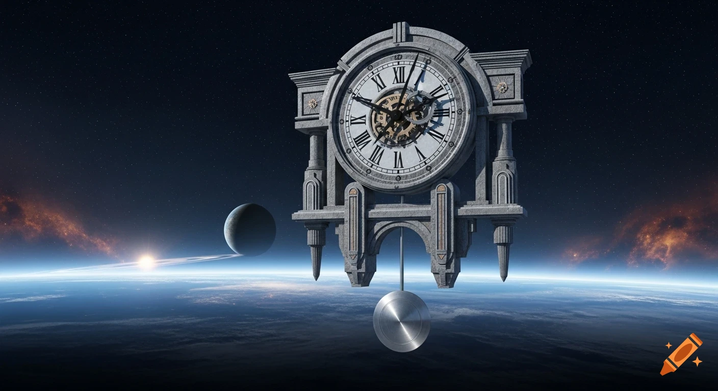 A majestic, ornate stone clock with a large pendulum floats above a planet in deep space, with stars and another planet visible.