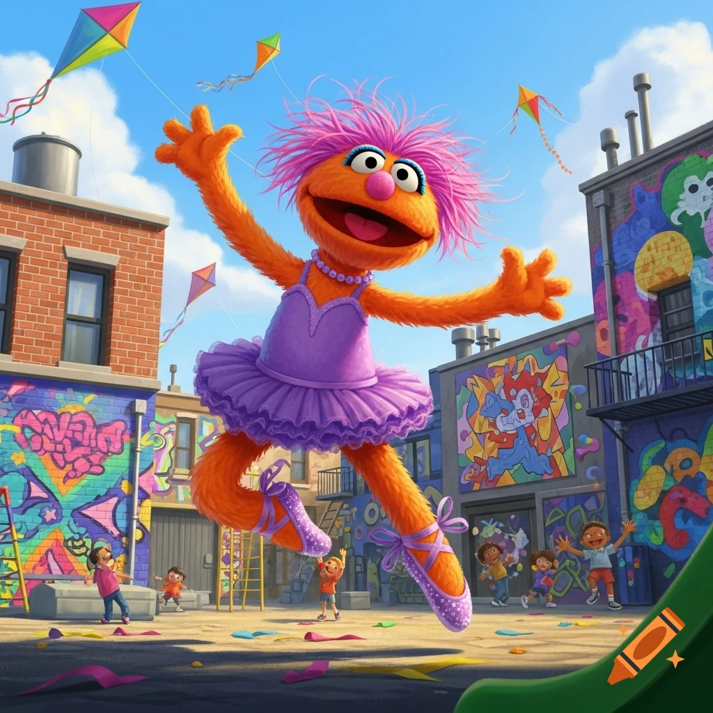 Zoe from Sesame Street, a fuzzy orange ballerina, floats joyfully above a vibrant urban playground with graffiti walls, children, and kites.