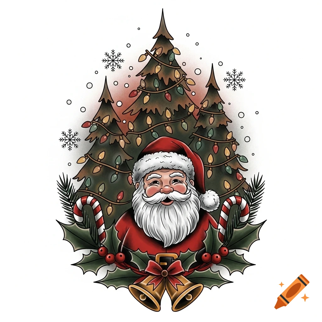 An American traditional tattoo style illustration of Santa Claus with a jolly expression, surrounded by decorated Christmas trees, candy canes, holly, and bells.