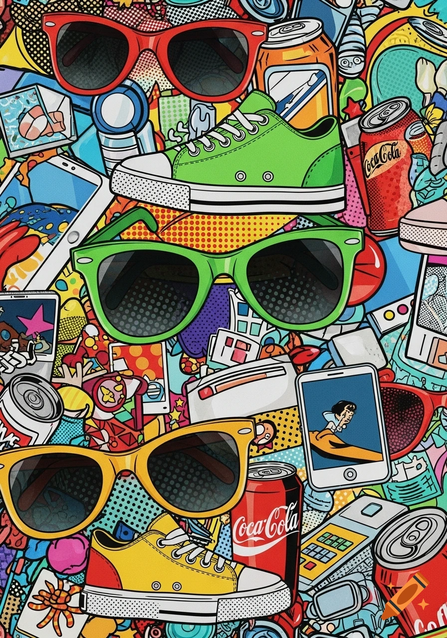 A vibrant pop art collage of everyday objects like sunglasses, sneakers, Coca-Cola cans, and smartphones, featuring bold outlines and halftone patterns.