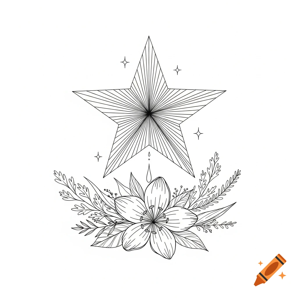 Black and white line art drawing of a star with radiating lines above a detailed lily flower surrounded by botanical elements and small sparkles.
