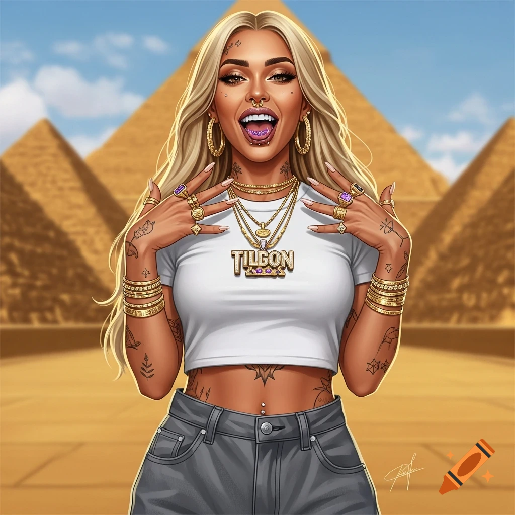 An illustration of a fashionable blonde woman with many gold rings and piercings, smiling with pyramids in the background.