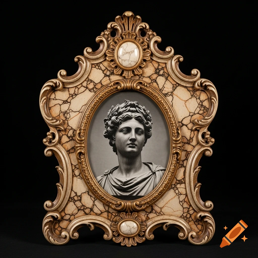 Ornate carved frame with marble-like texture holds a black and white portrait of a classical Hermanubis bust, photorealistic.