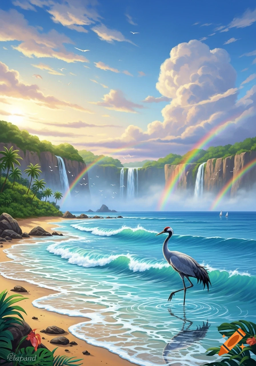 Vibrant illustrated tropical beach with multiple waterfalls, bright rainbows, and a crane wading in blue ocean water.