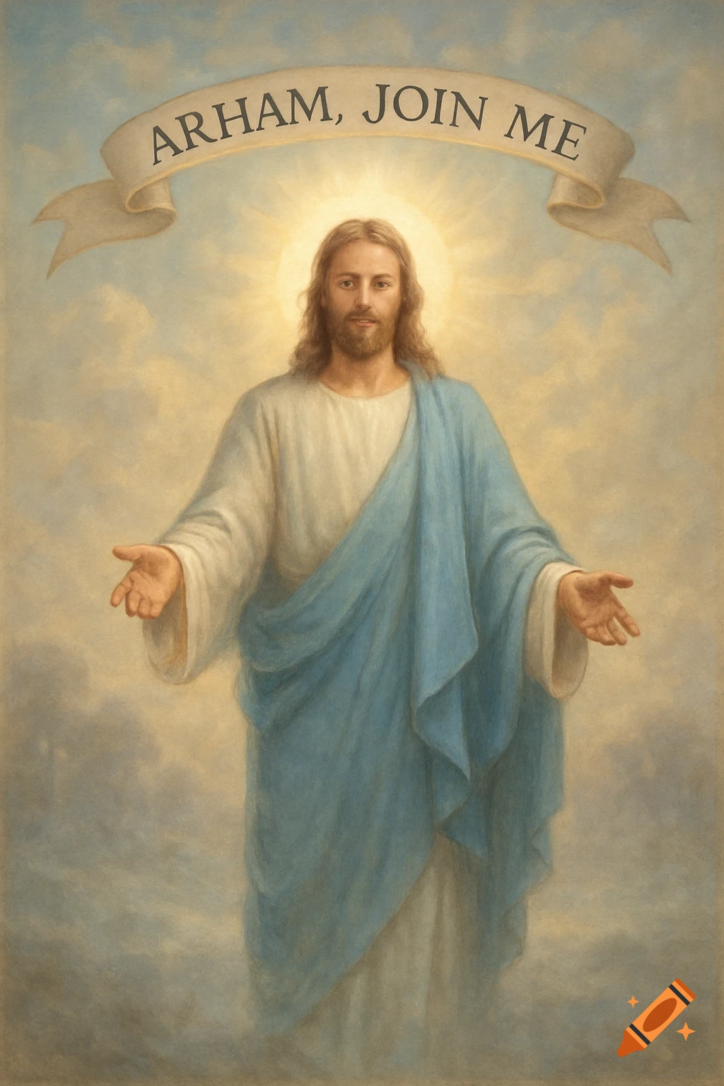 Classical painting of Jesus Christ with a halo and outstretched arms in the clouds, a banner above reads "ARHAM, JOIN ME".