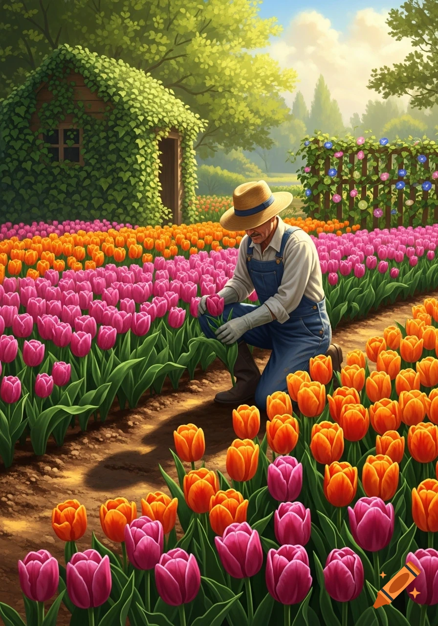 A gardener kneels in a vibrant field of pink and orange tulips next to a vine-covered shed.