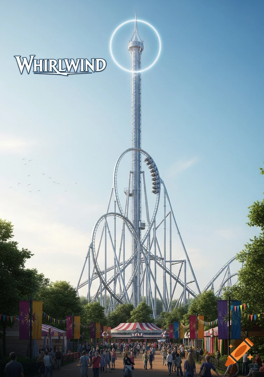 Photorealistic rendering of a towering silver roller coaster and a tall observation tower at an amusement park, with crowds of people below.