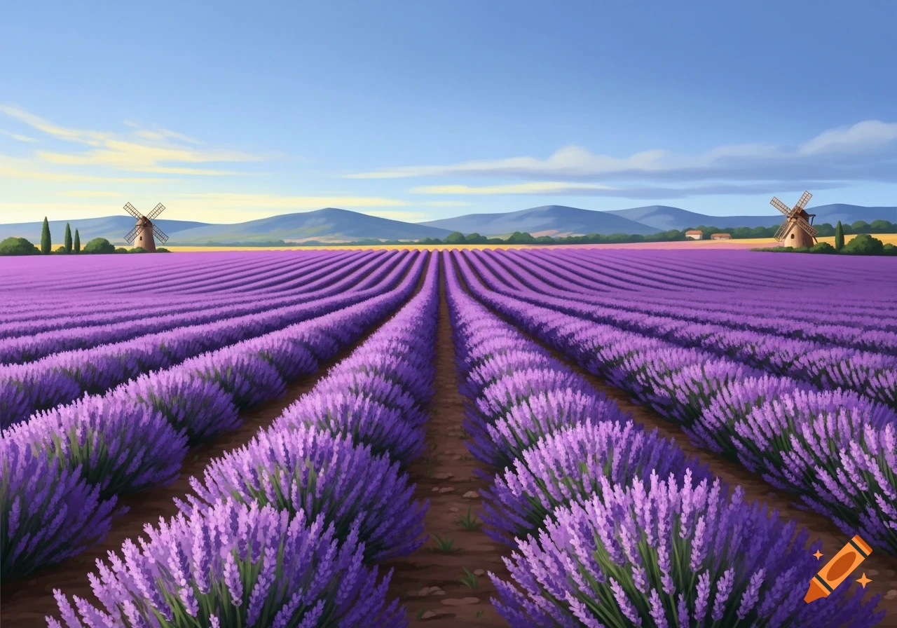 A vast, vibrant lavender field with rows of purple flowers extends to the horizon, flanked by windmills and distant mountains under a clear blue sky.