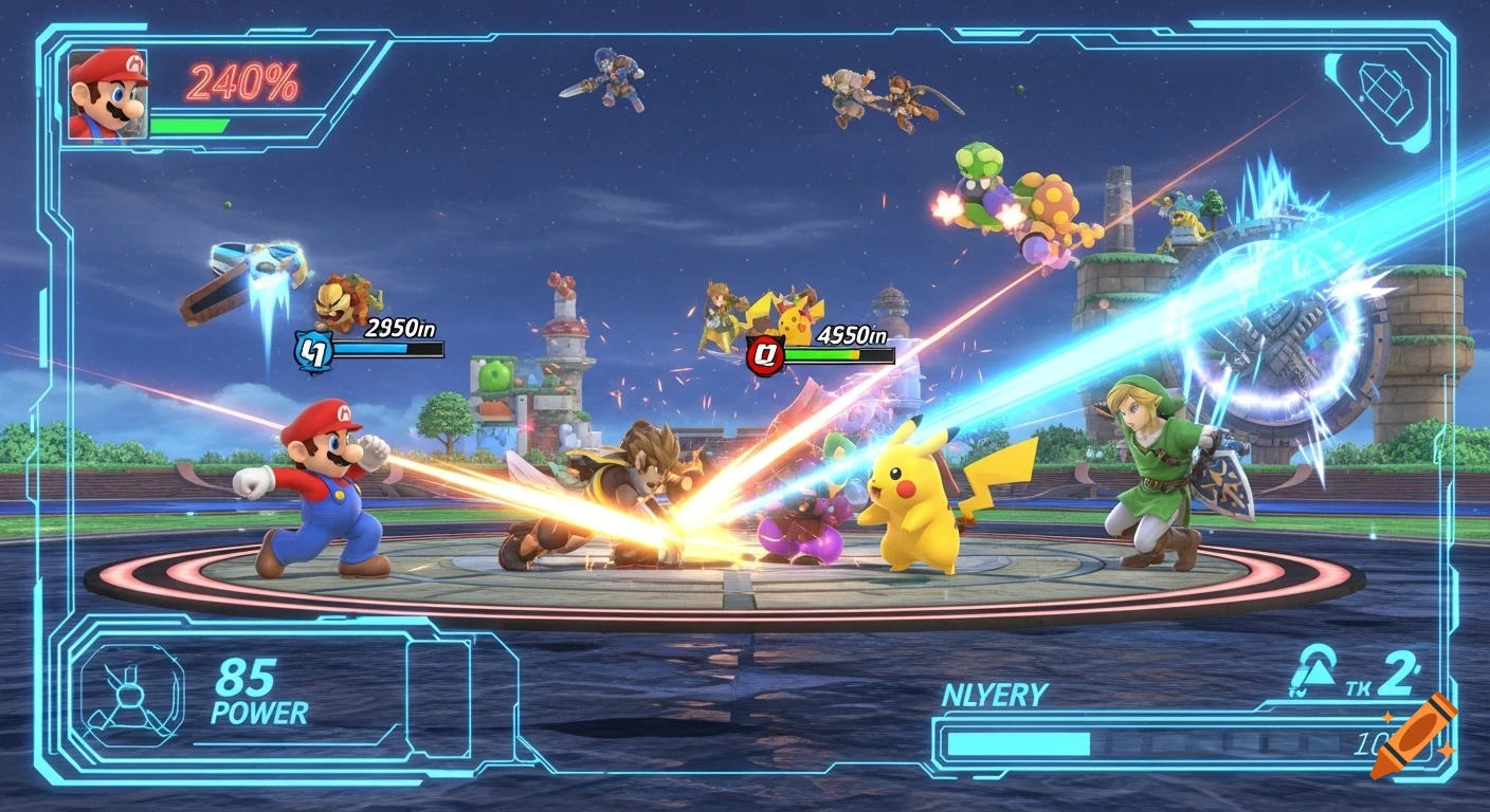Gameplay from Super Smash Bros. featuring Mario, Link, Pikachu, and other characters battling on a stage with a custom blue HUD overlay.