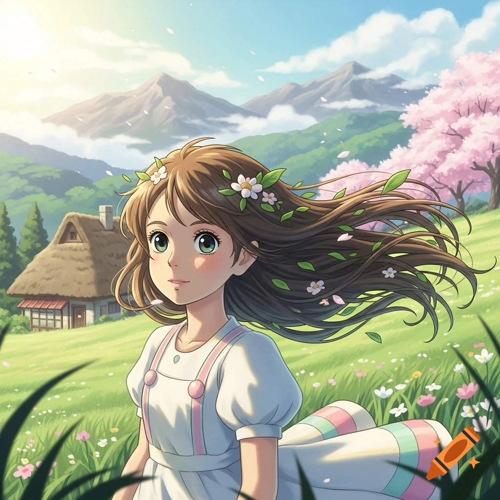 Ghibli style art of a smiling girl with flowers in her hair, in a spring field with cherry blossoms, a house, and mountains.