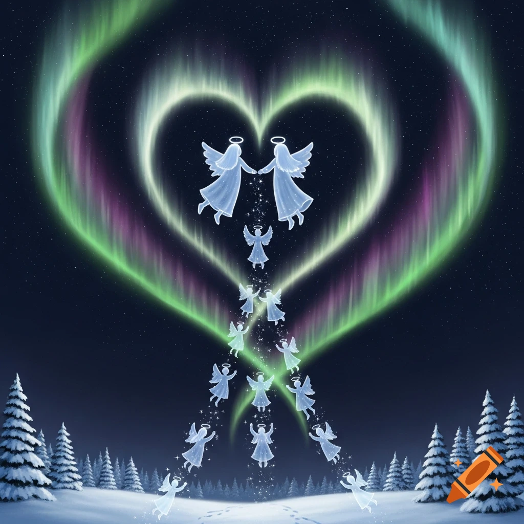 Glowing angels rise from a snowy forest into a night sky, dissolving into a vibrant green and purple heart-shaped aurora.