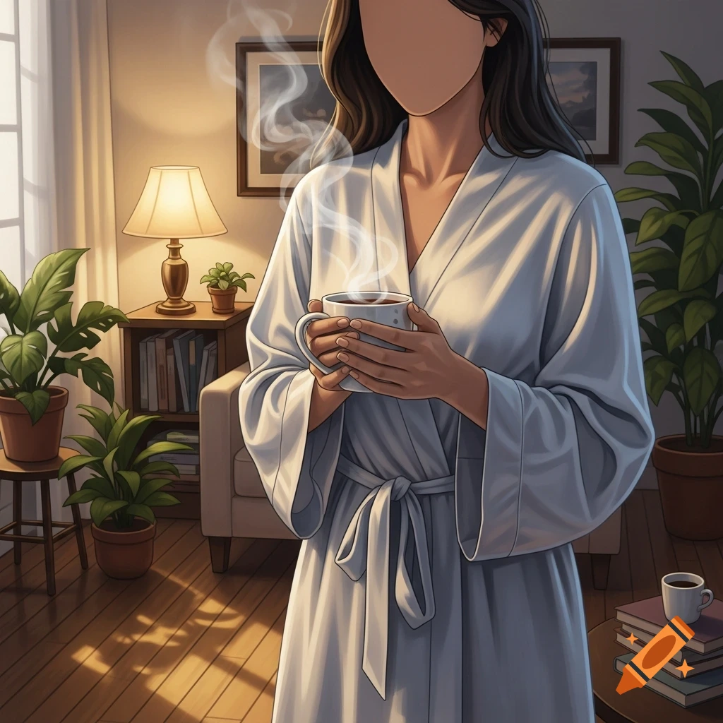 A woman in a white bathrobe holds a steaming mug in a cozy, plant-filled room, stylized illustration.