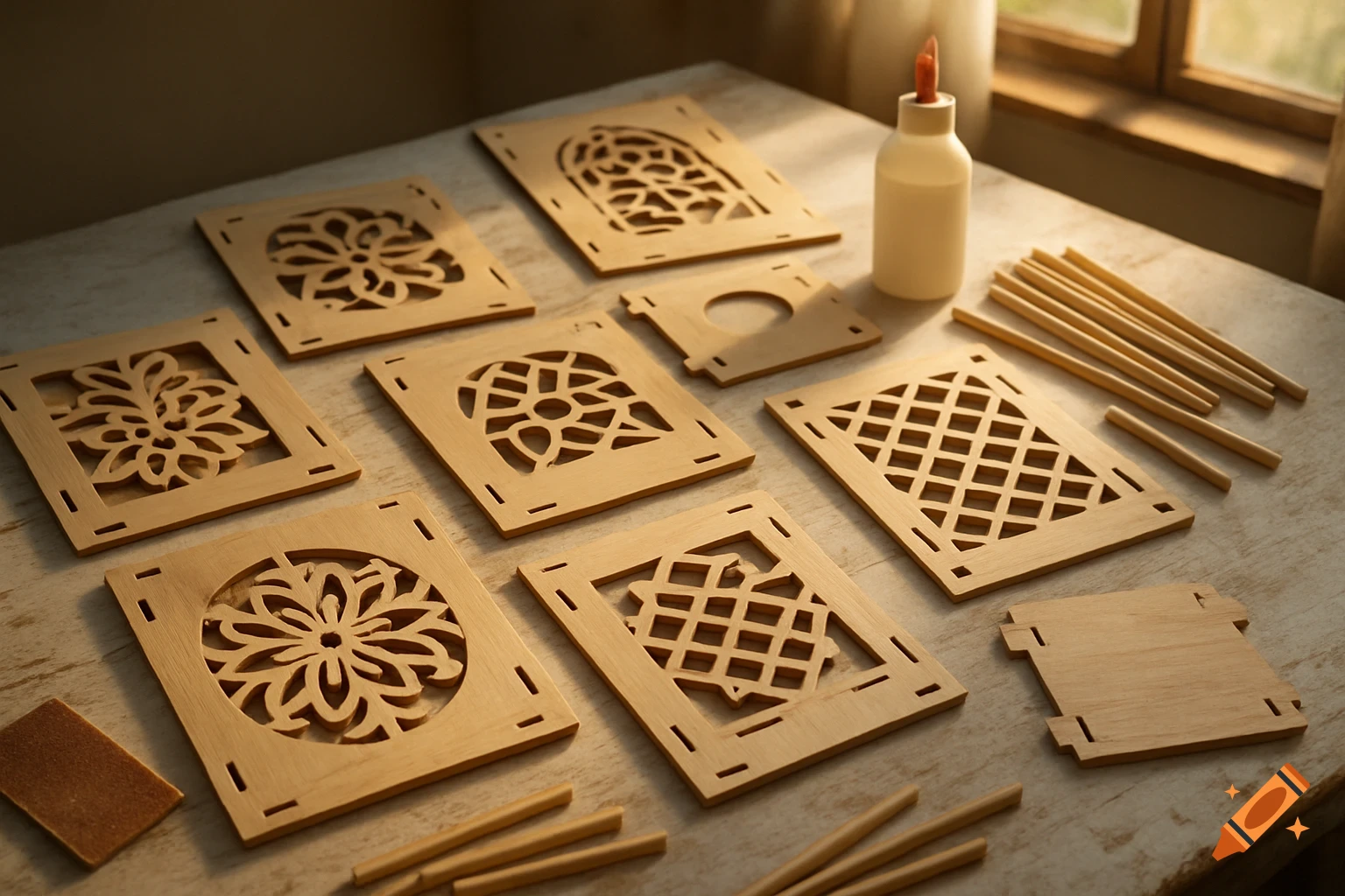 A collection of laser-cut wooden lantern templates, wooden sticks, sandpaper, and glue on a light wooden table.