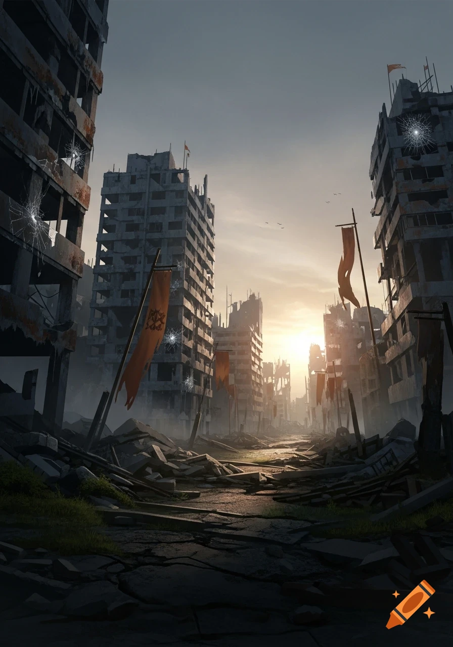 A desolate, war-torn city street with crumbling buildings and debris under a dramatic sunrise sky.