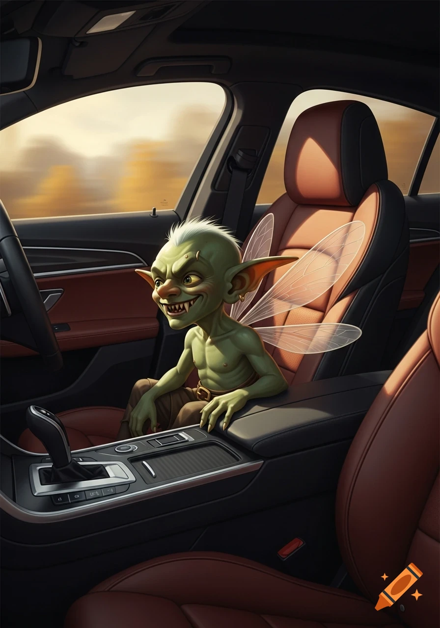 A small green goblin creature with white hair, sharp teeth, and translucent wings sits in a car's passenger seat, giving a mischievous glare.