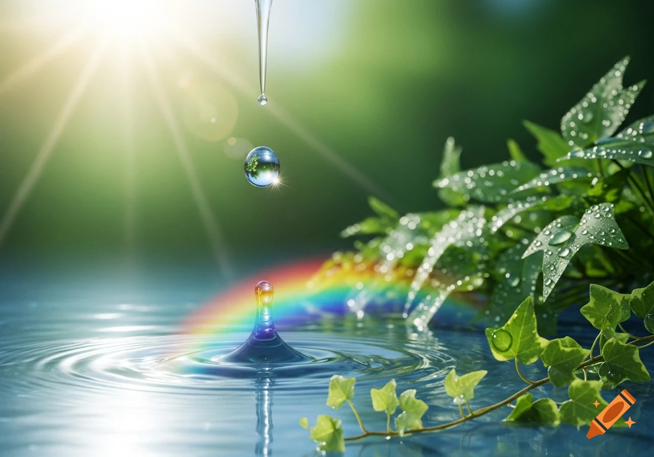A photorealistic image of a water droplet falling into rippling water, with green leaves, a rainbow, and bright sunlight.