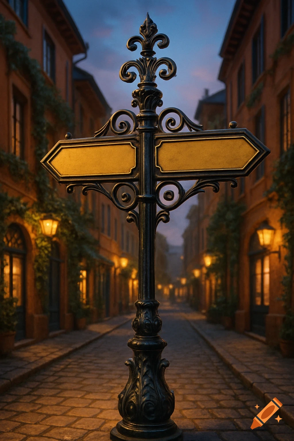 An ornate black signpost with two blank golden arrow signs stands on a cobblestone street at dusk, flanked by old buildings with illuminated lamps.