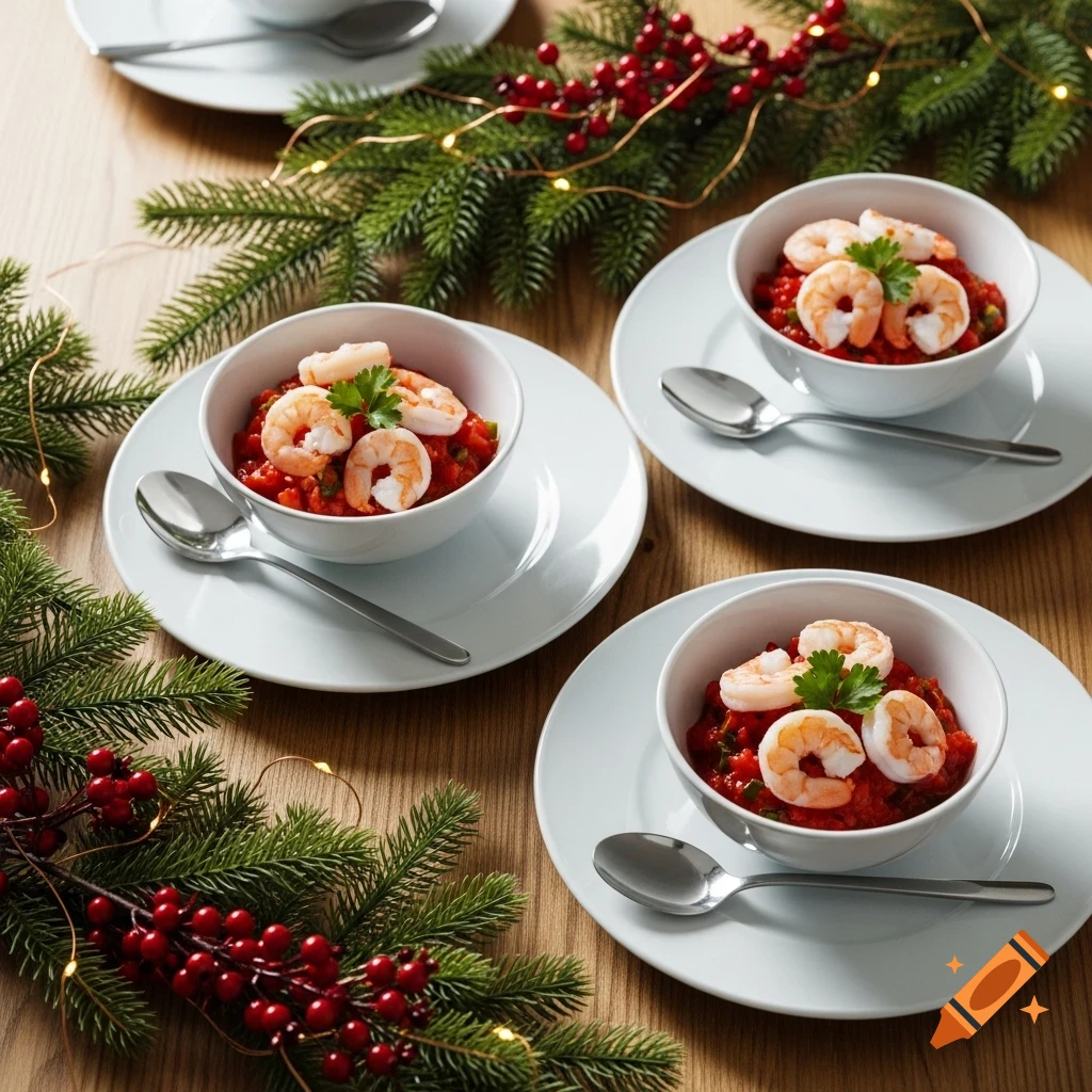 Three bowls of shrimp cocktail on white plates, on a wooden Christmas table with evergreen branches, red berries, and warm fairy lights. Flat lay.